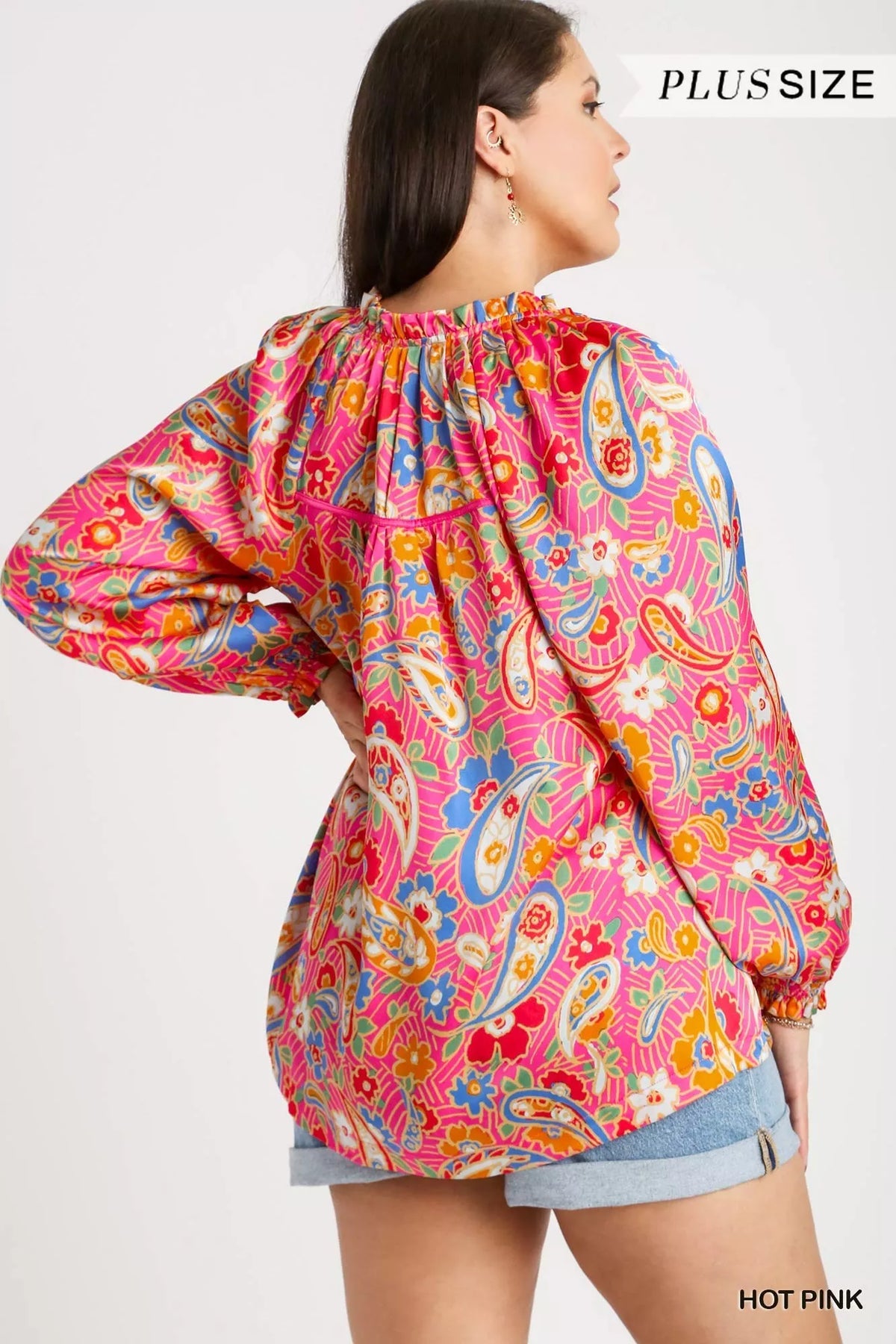 Satin Paisley Ruffle Neck Button-Up Shirt – Plus Size
