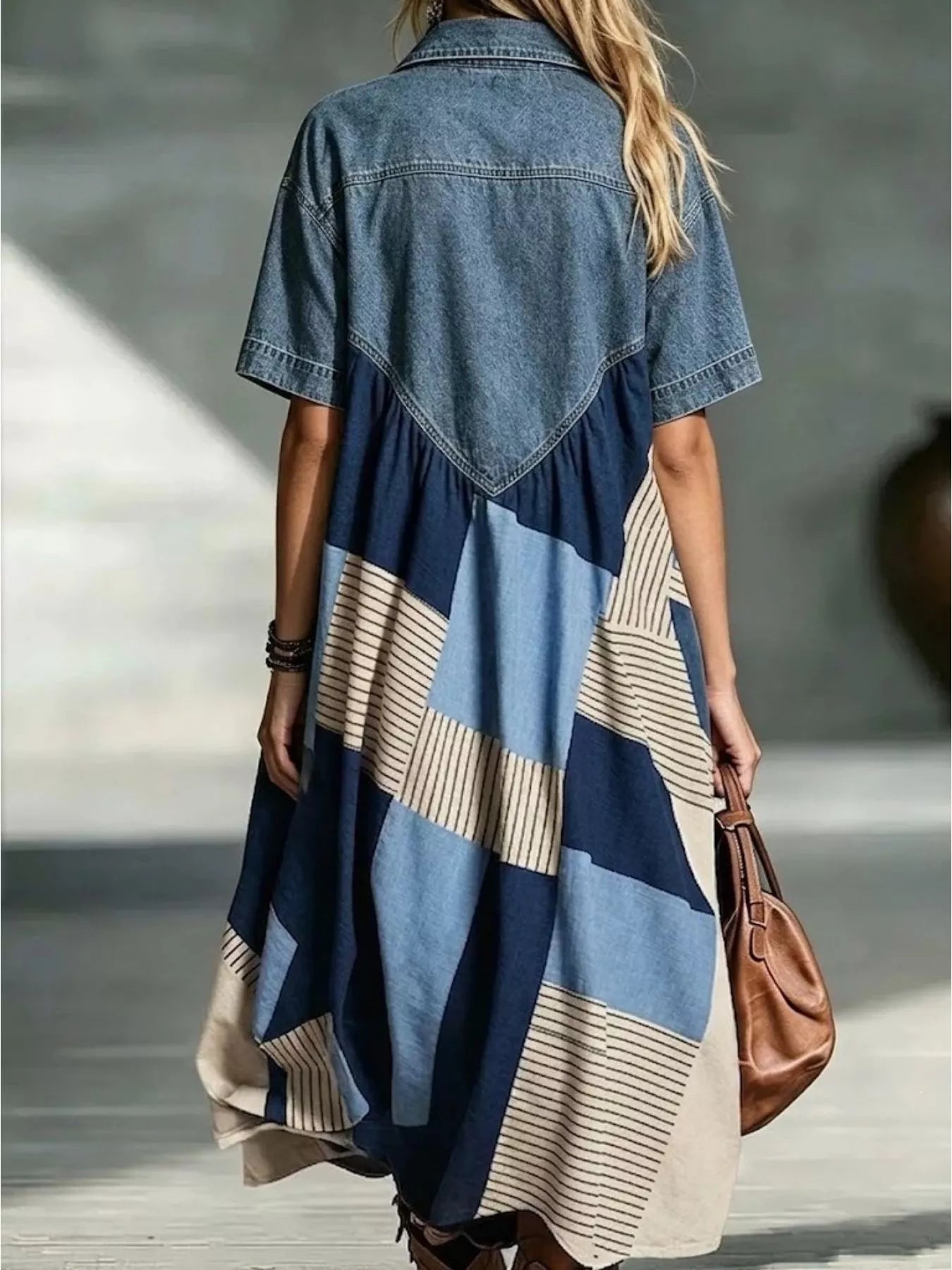 Full Size Denim Patchwork Printed Shirt Dress Plus Size