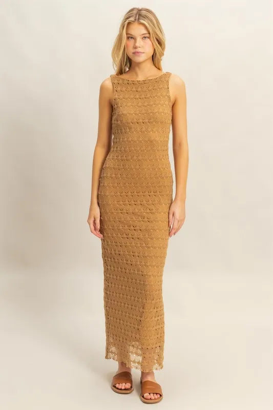 Bohemian Crochet Sleeveless Maxi Dress with Open Back