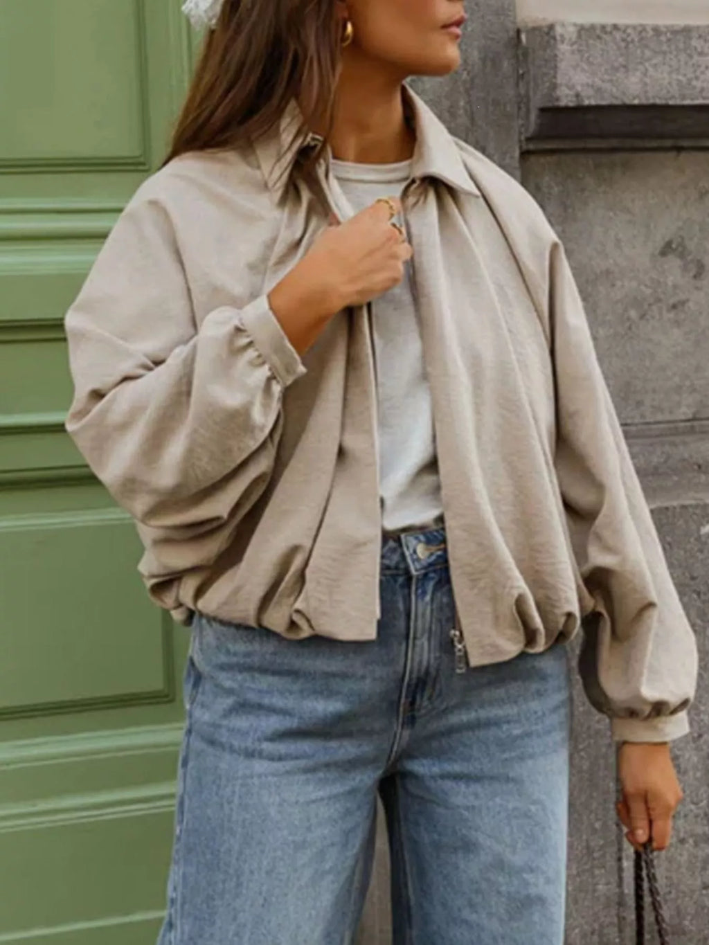 Zip Up Long Sleeve Bomber Jacket
