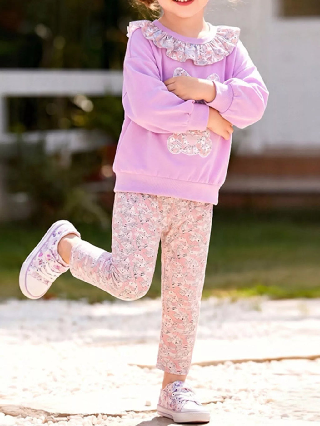 Children's Floral Print Bunny Sweatshirt and Pants Set