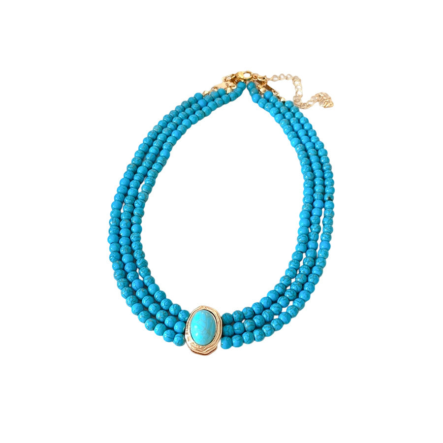 European And American Multi-Layered Green Stone Beaded Necklace For Women, Fashionable And Simple Clavicle Chain, Retro Ethnic Style Necklace Wholesale