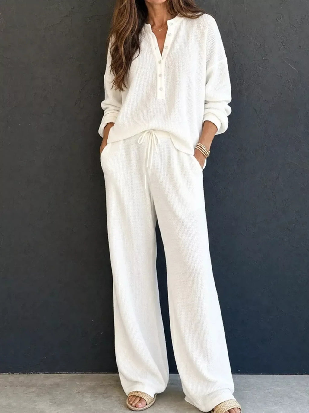 Waffle Knit Button Detail Top and Pants Set