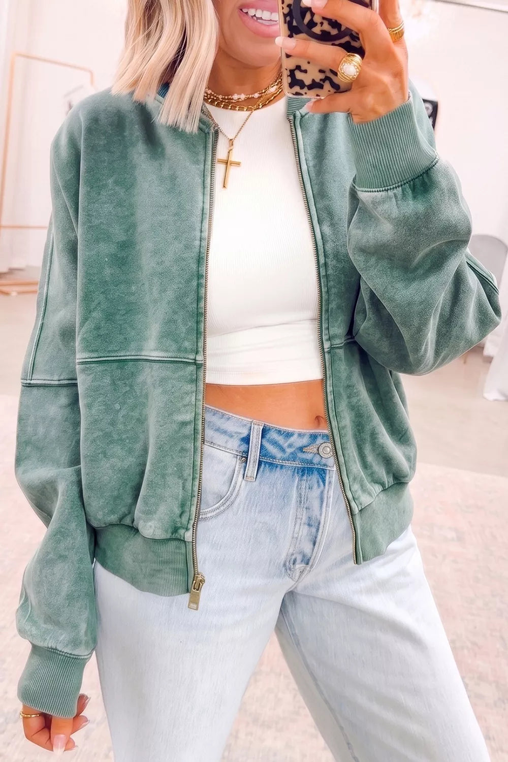 Oversized Washed Zip-Up Long Sleeve Sweatshirt