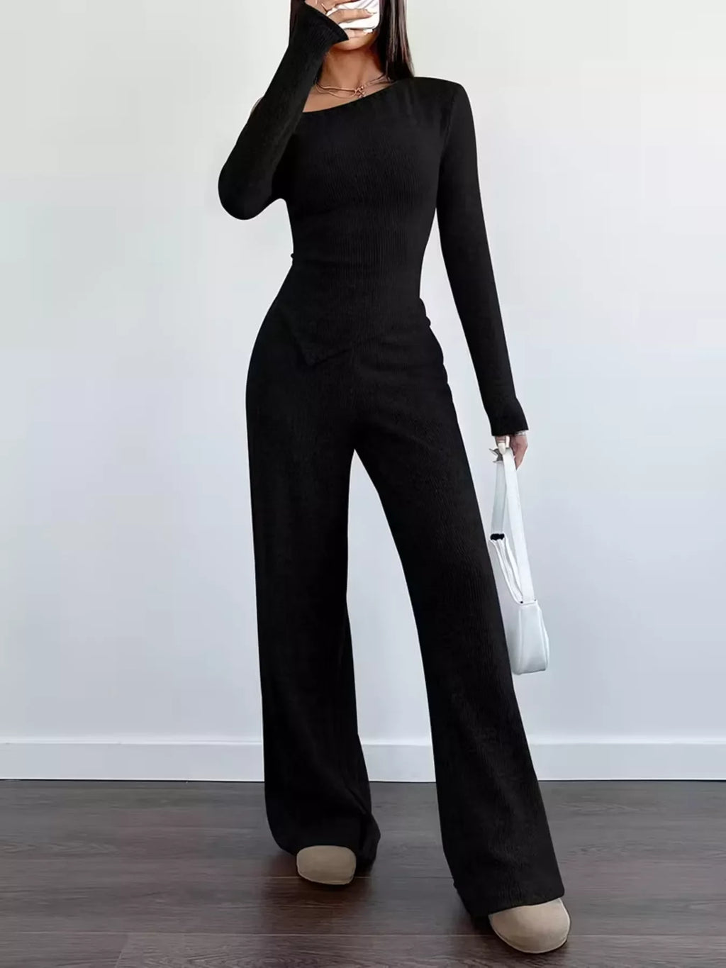 Chic One-Shoulder Asymmetrical Top and Wide-Leg Pants Set
