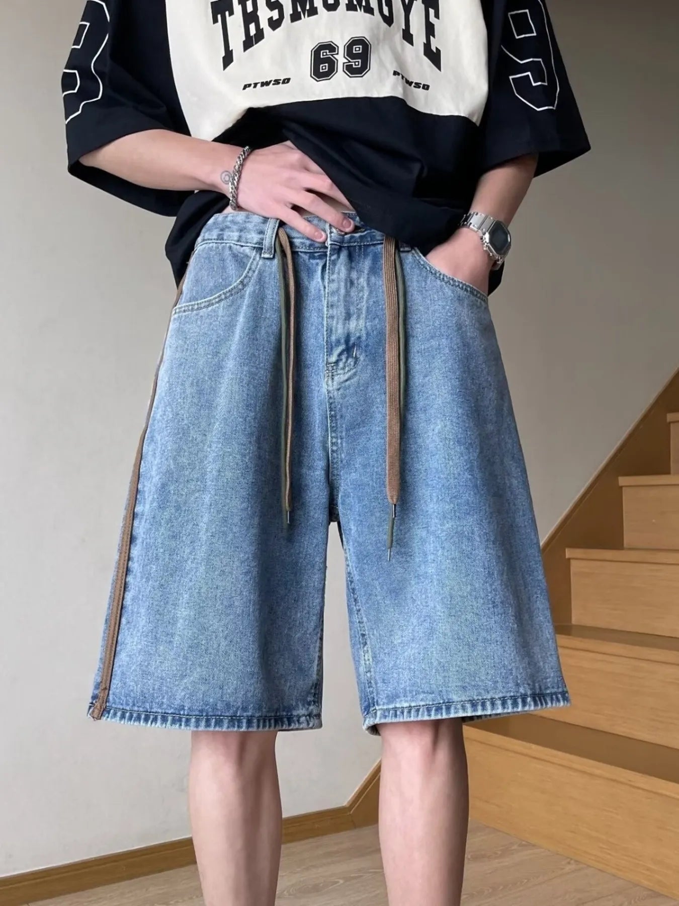 Men's Full Size Drawstring Wide-Leg Denim Shorts Plus Size