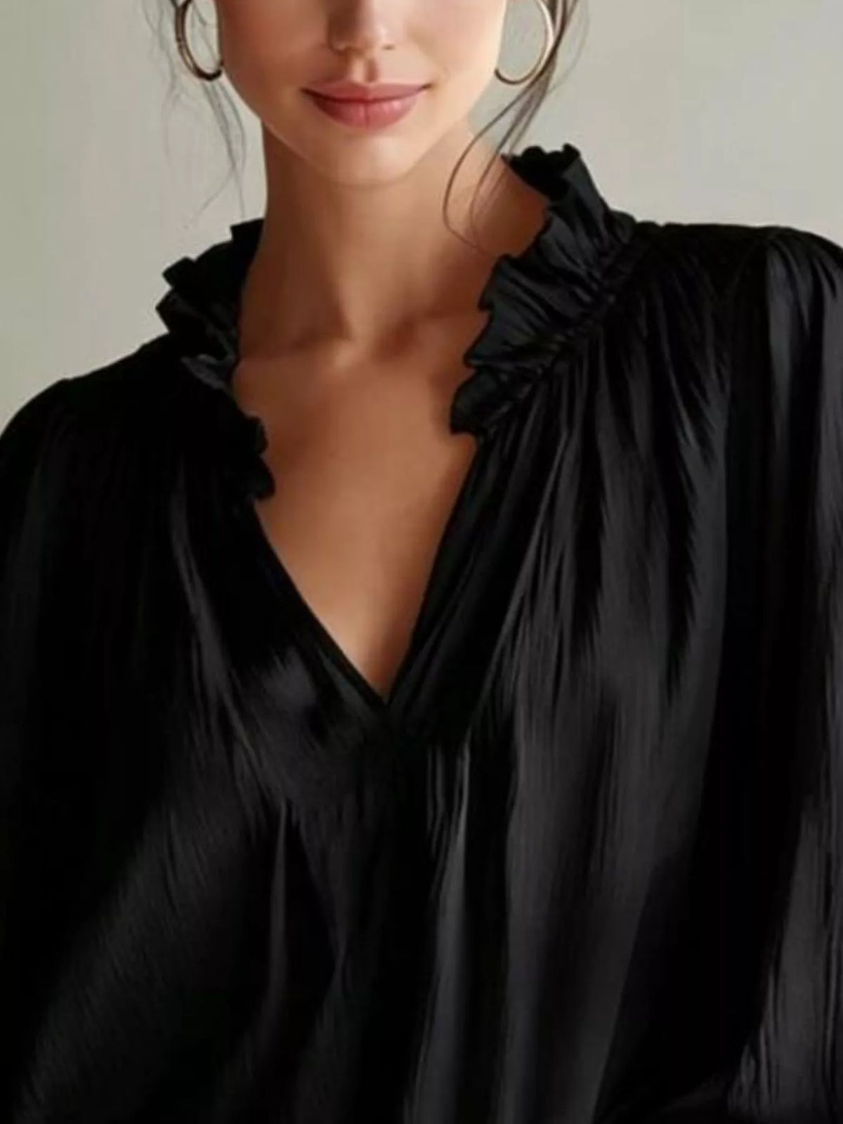 Frill Notched Long Sleeve Blouse