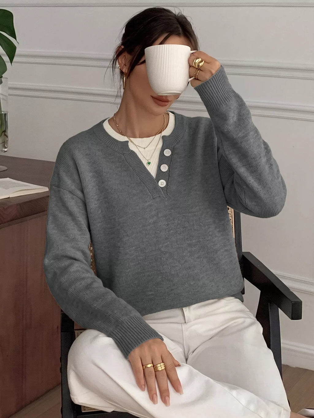 Dropped Shoulder Decorative Button Sweater