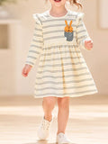 Children's Striped Long-Sleeve Dress with Rabbit Pocket Detail