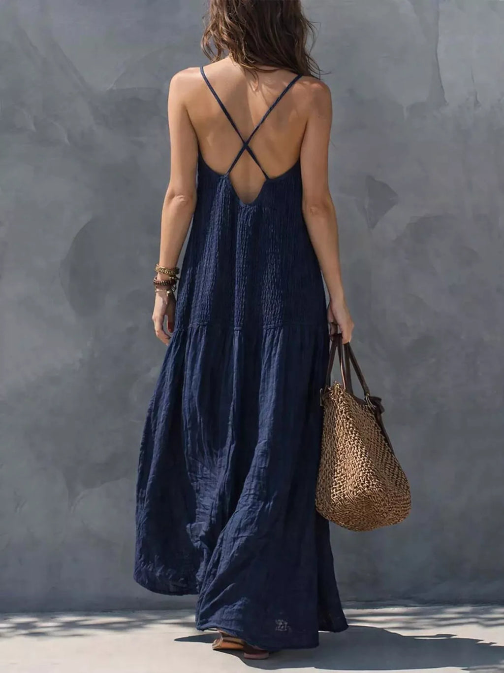 Sleeveless Smocked V-Neck Casual Maxi Dress