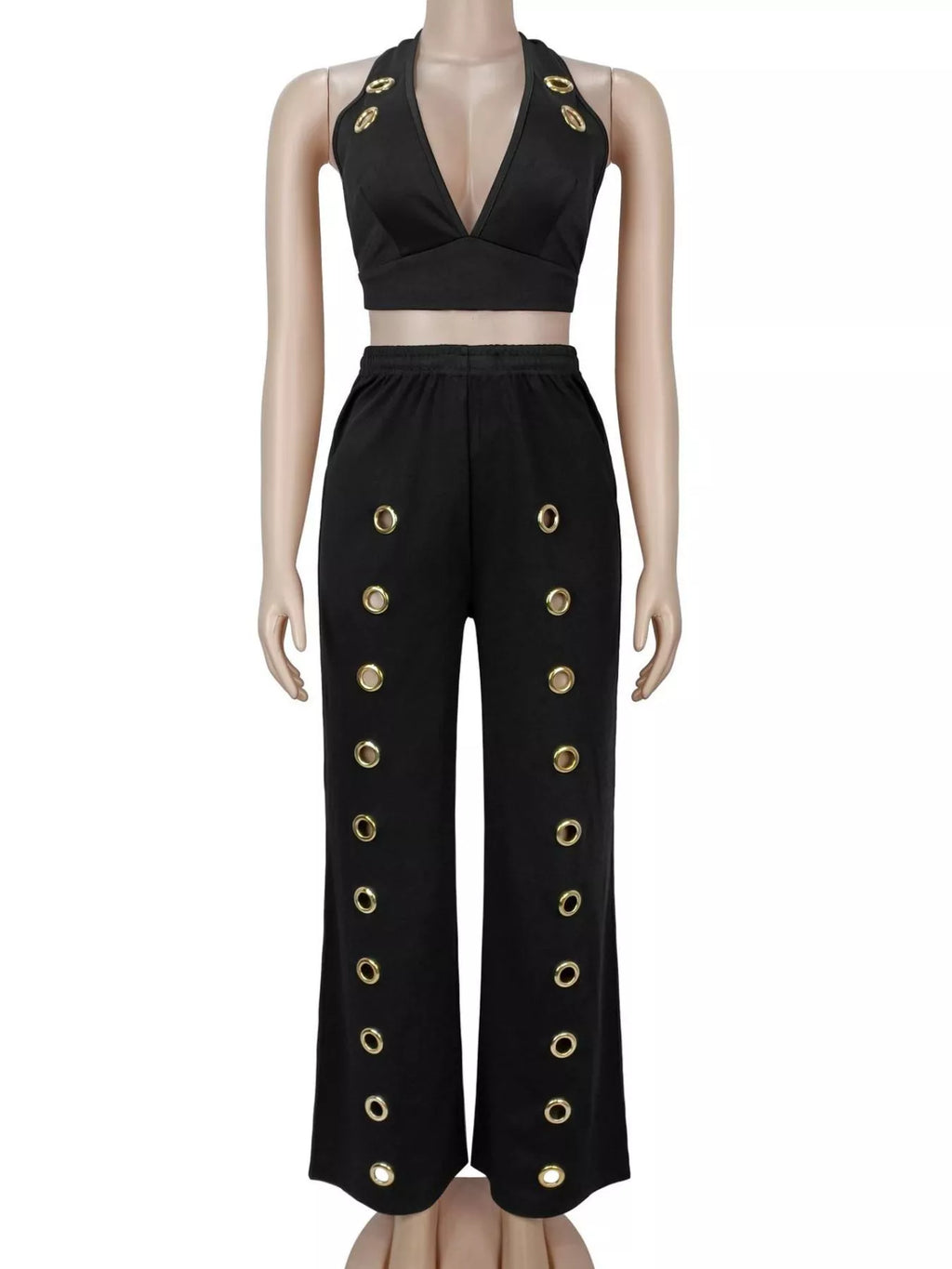 Eyelet Crop Top and Wide-Leg Pants Set