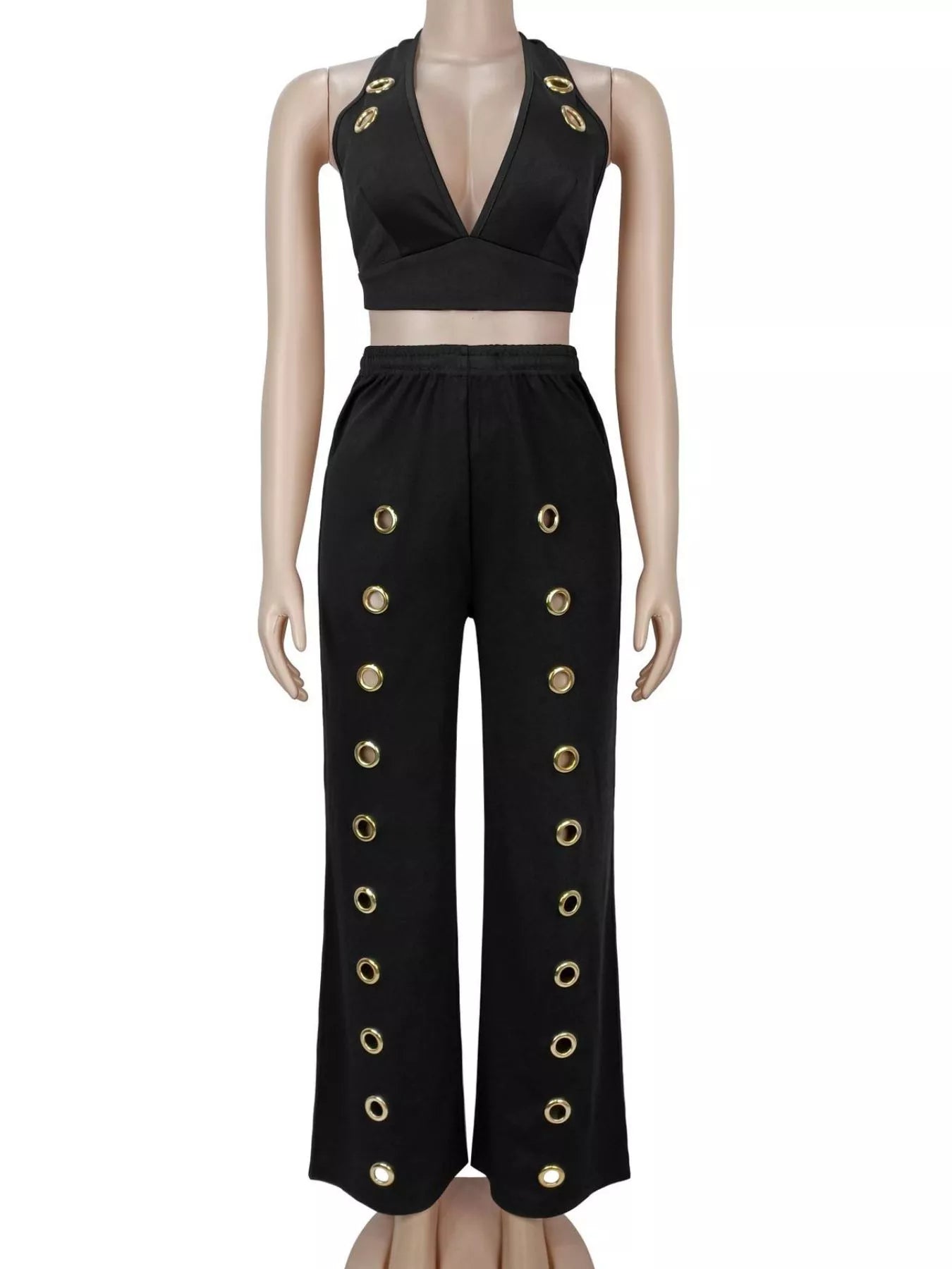 Eyelet Crop Top and Wide-Leg Pants Set