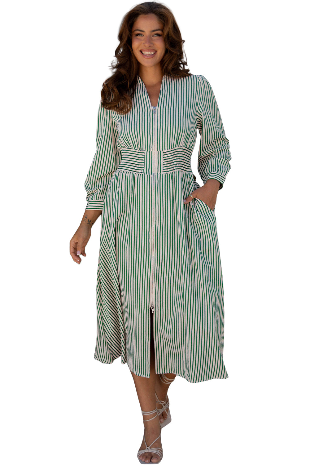 Stripe V-Neck Zip Front Midi Dress