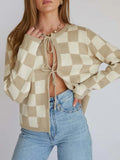 Checkered Tie-Front Cropped Knit Cardigan