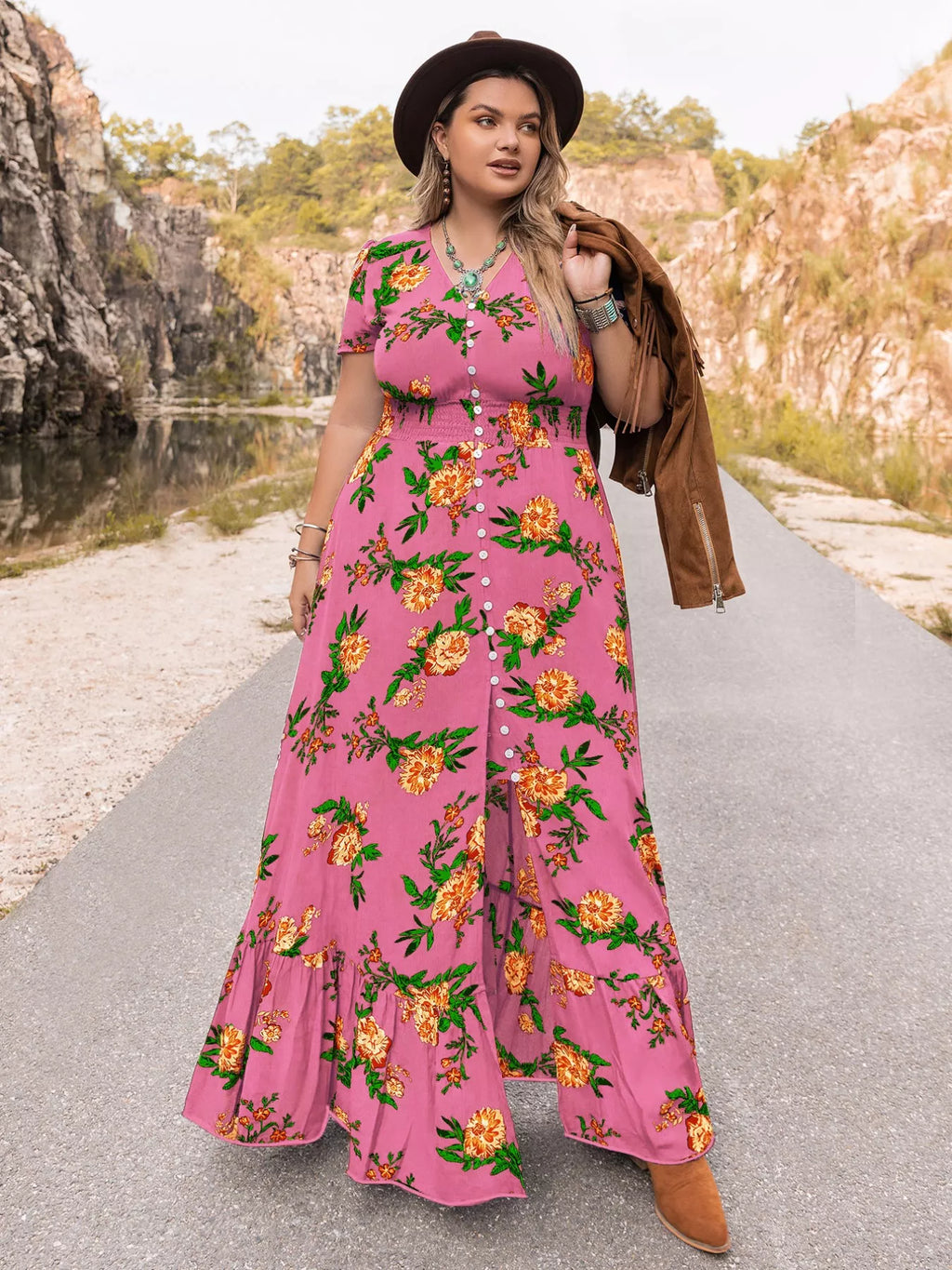 Floral V-Neck Short Sleeve Maxi Dress