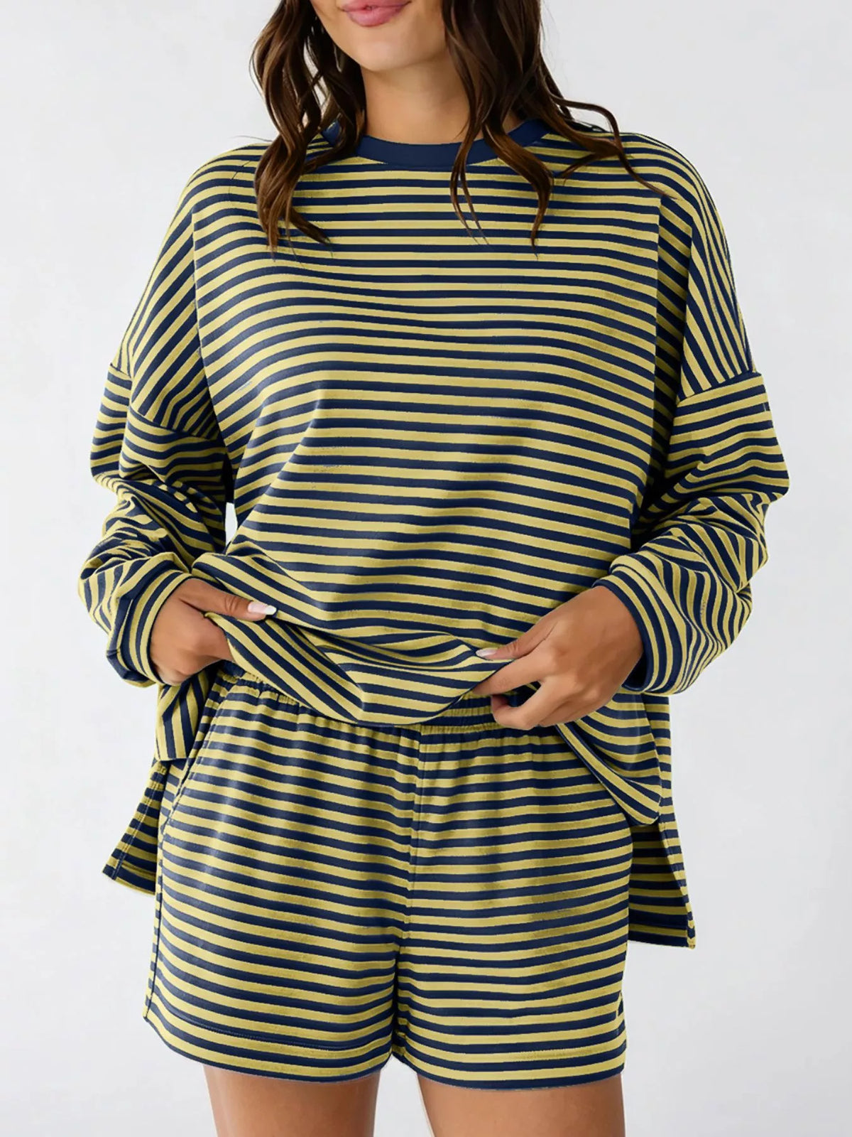 Casual Striped Long Sleeve Top and Shorts Set