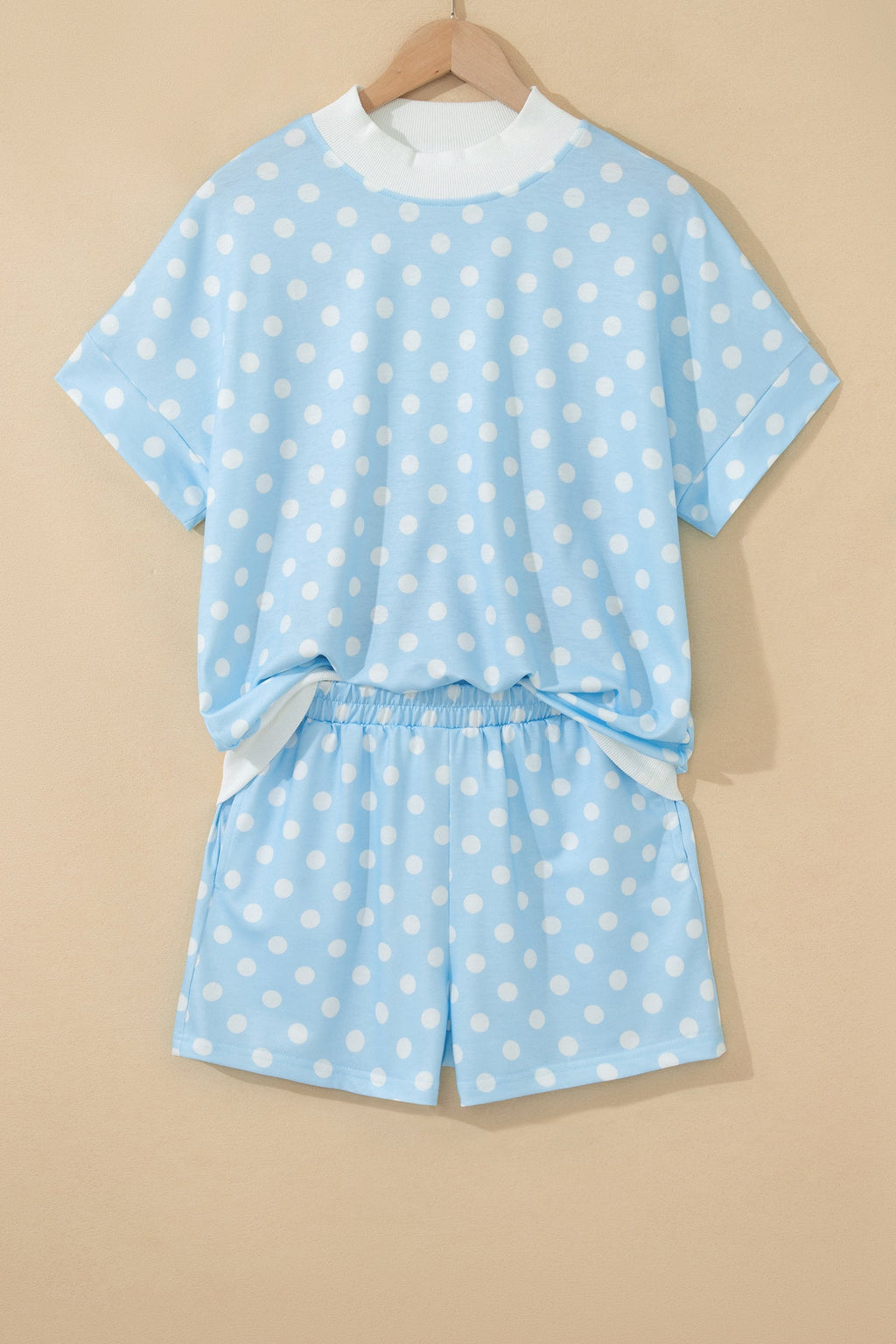 Sky Blue Polka Dot Print Color Block Trim Mock Neck Short Set