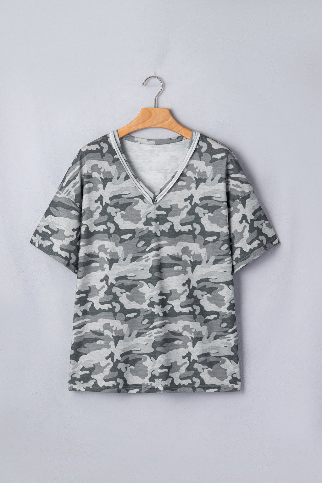 Green Retro Camouflage Print Raw Edge V Neck Tee