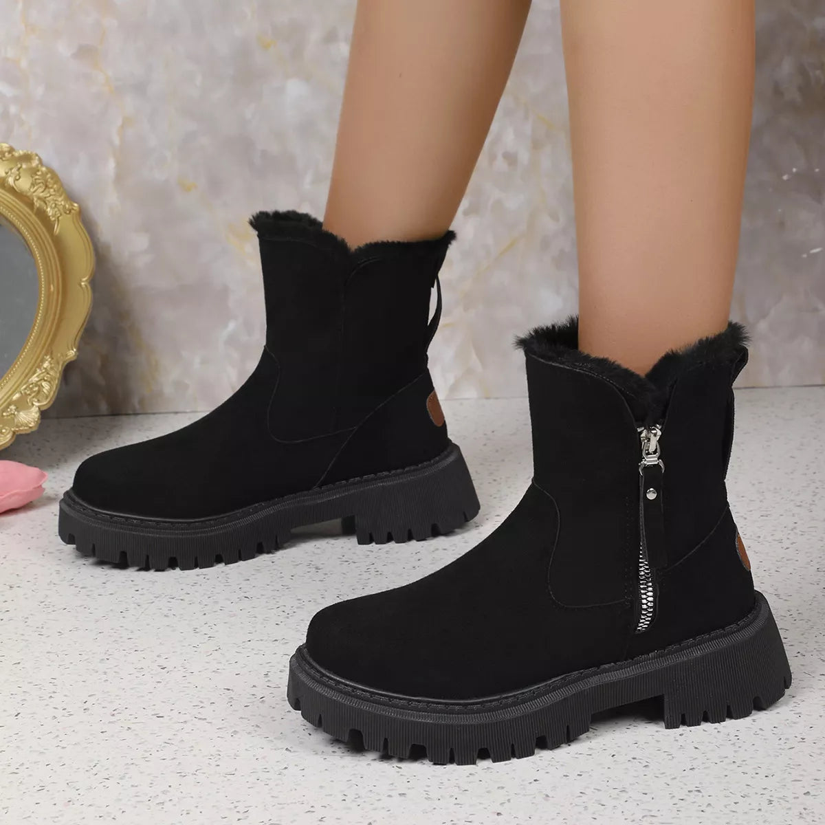 Fuzzy Lined Ankle Boots with Zipper