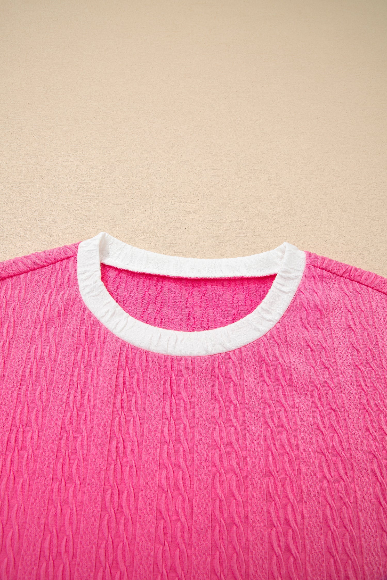 Bright Pink Textured Color Block Trim Loose Tee Drawstring Shorts 2pcs Set
