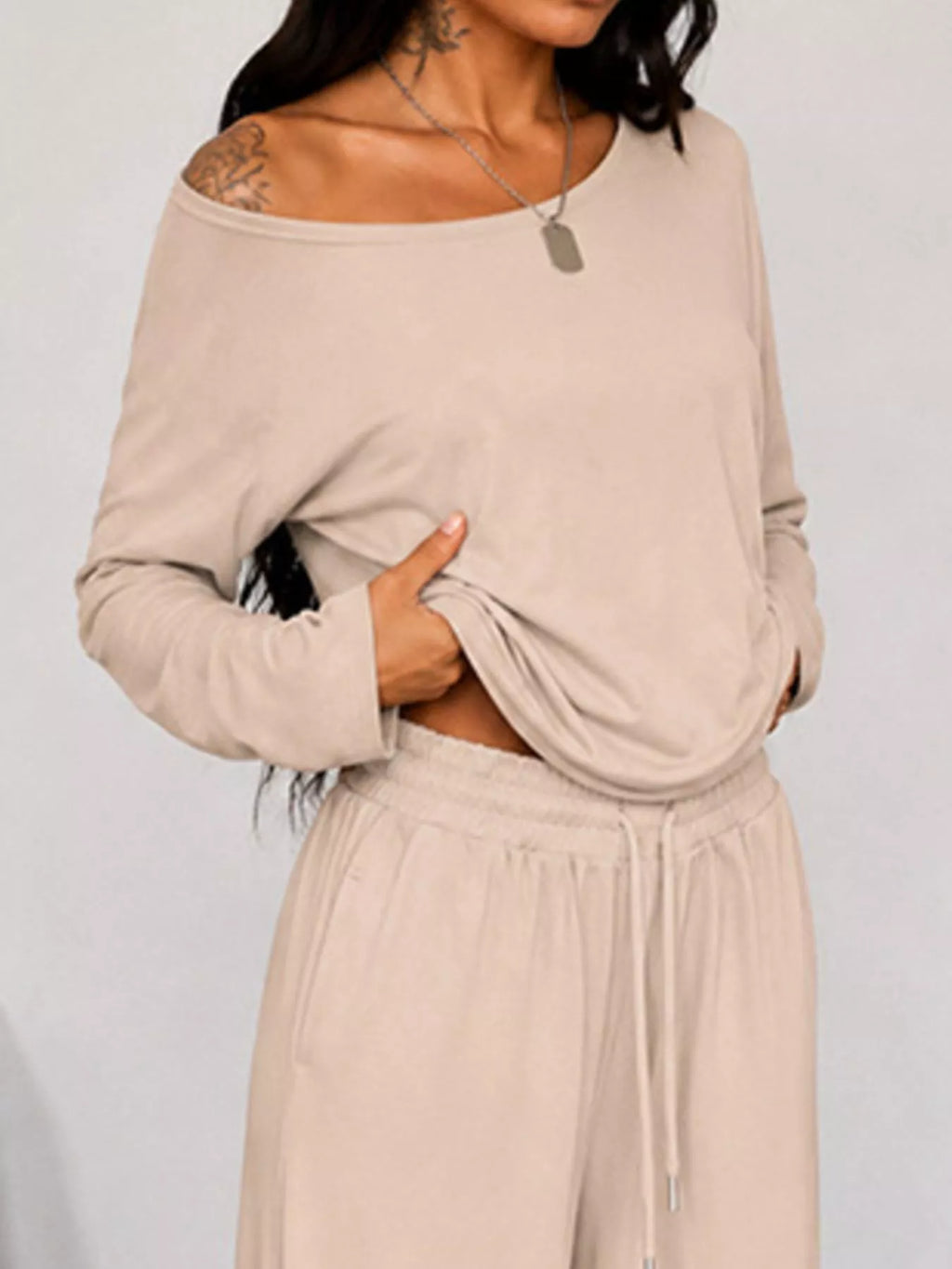 Full Size One-Shoulder Top and Drawstring Pants Set Plus Size