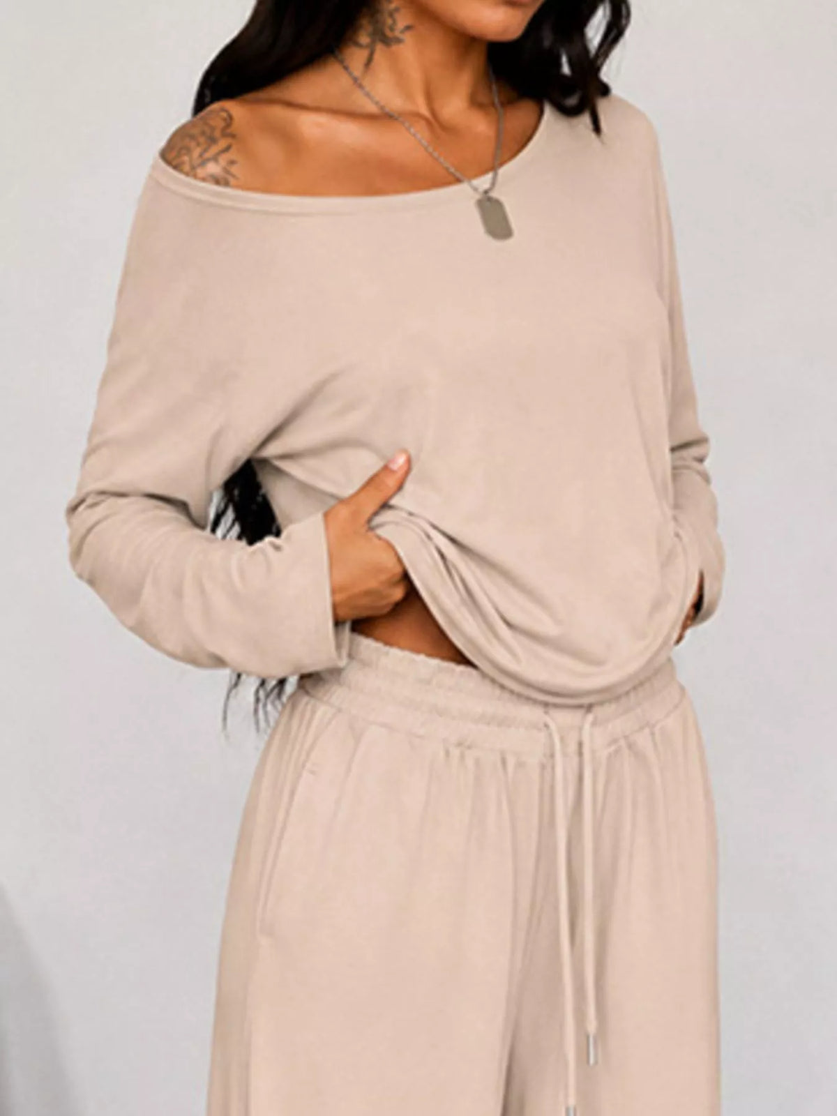 Full Size One-Shoulder Top and Drawstring Pants Set Plus Size