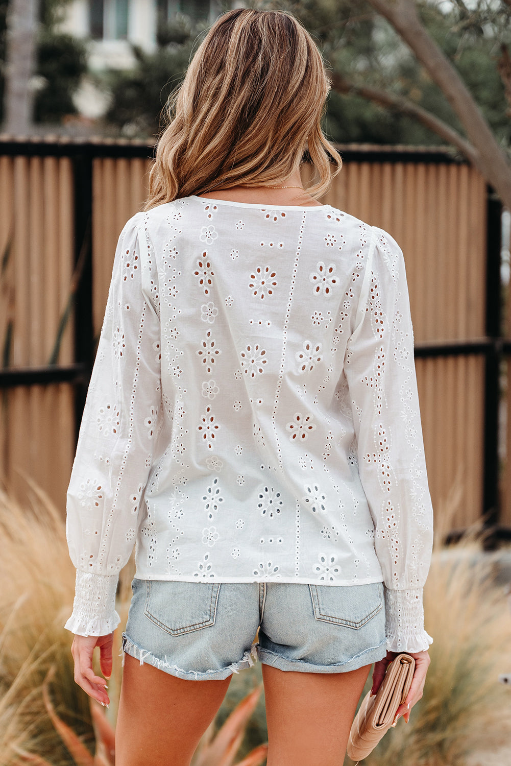 Solid Eyelet Embroidered Long Sleeve Blouse
