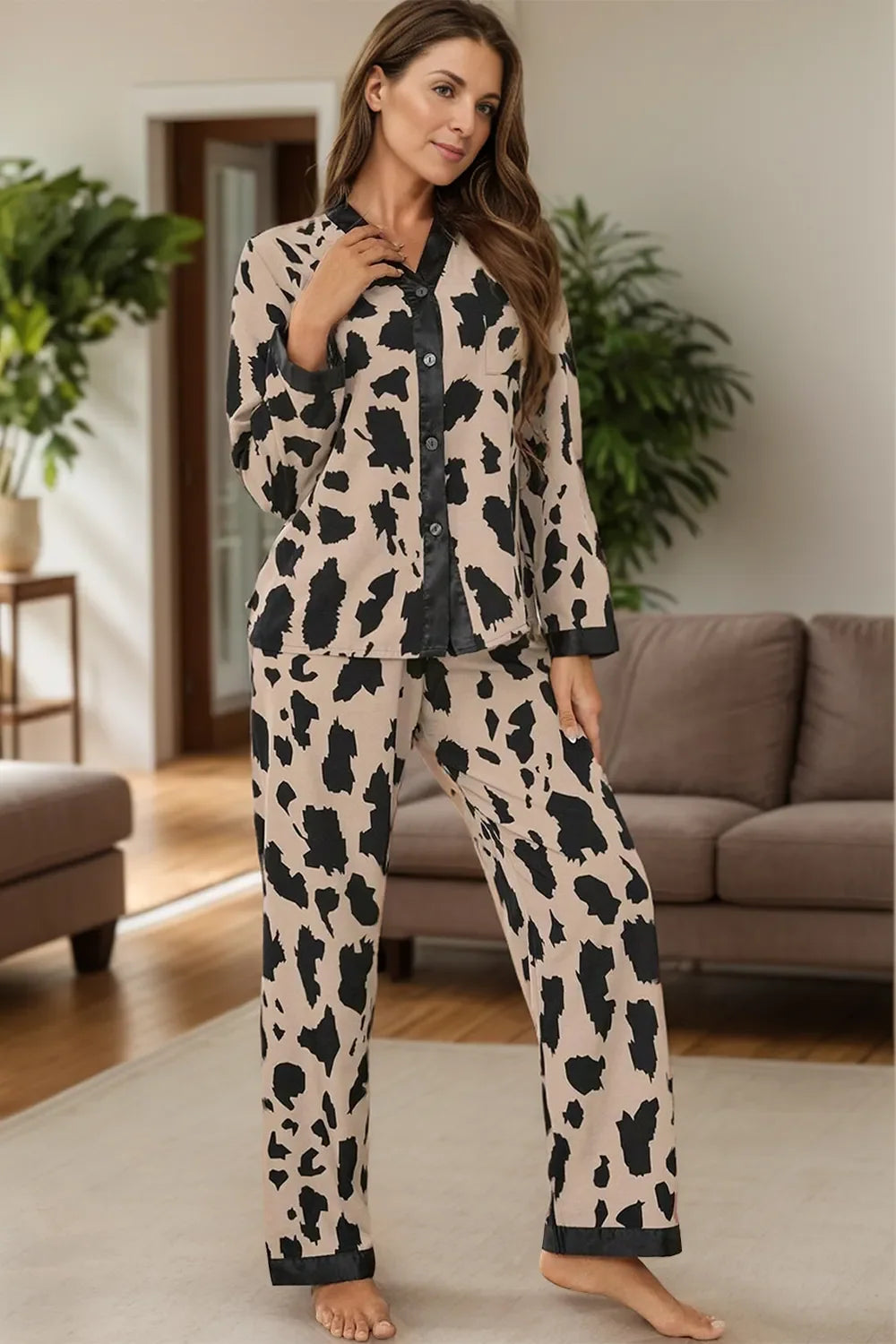 Leopard Print Button-Up Long Sleeve Top and Pants Lounge Set
