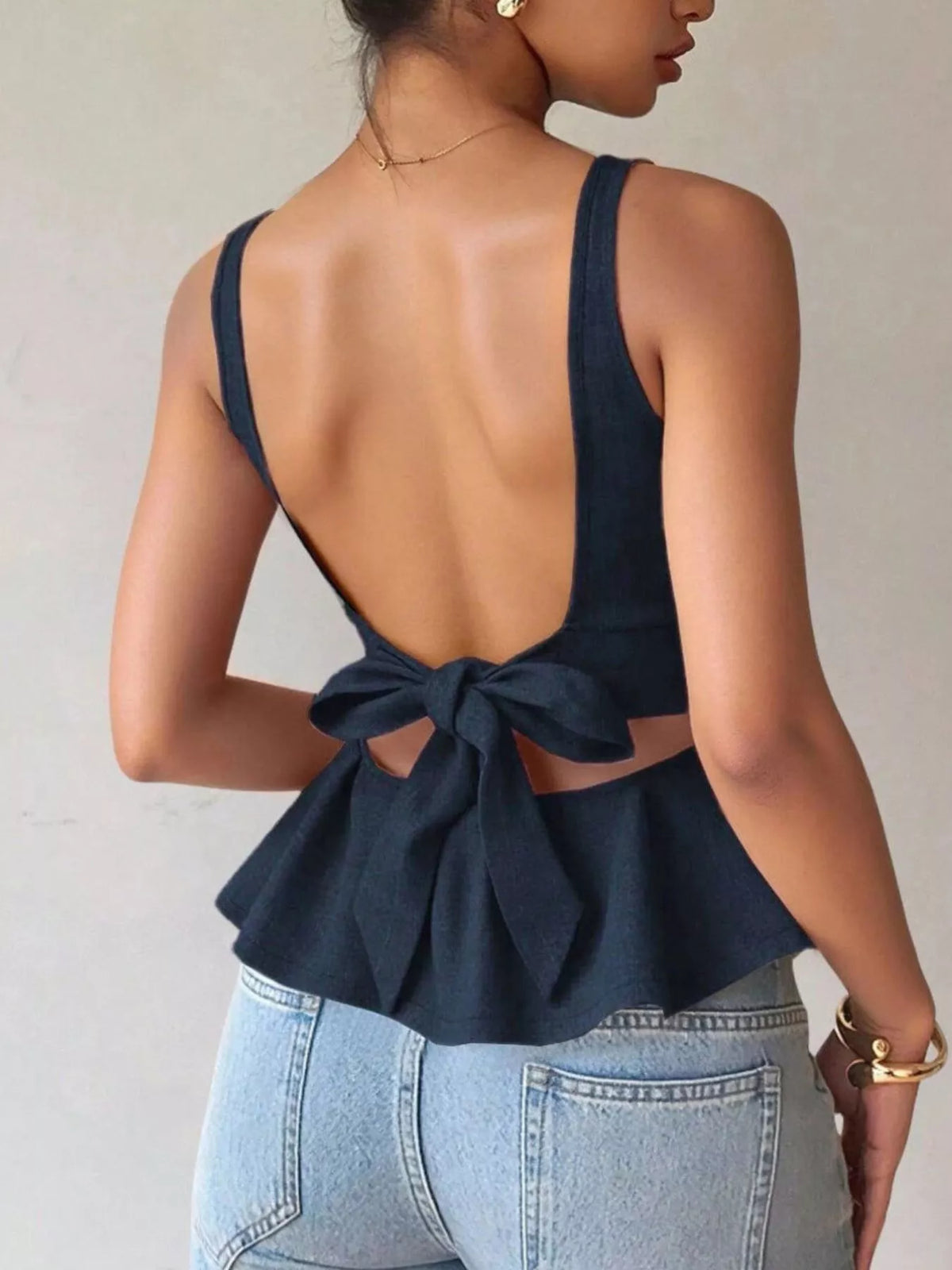 Backless Peplum Tank Top with Bow Tie