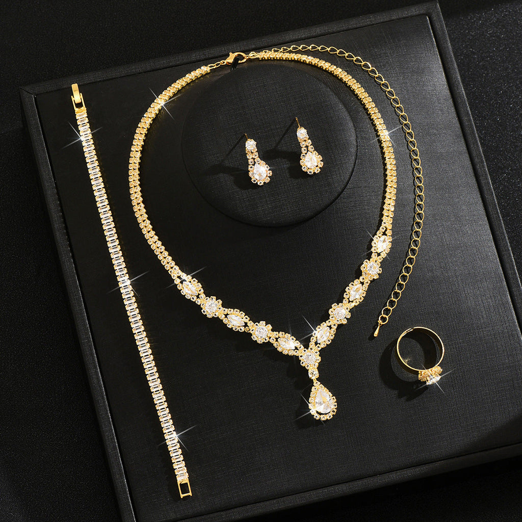 Women 4 Pcs Gold Tone Rhinestone Jewelry Set,Necklace Dangle Earrings Bracelet Ring,Glamorous Bridal Costume Accessories For Wedding Banquet Party Occasion