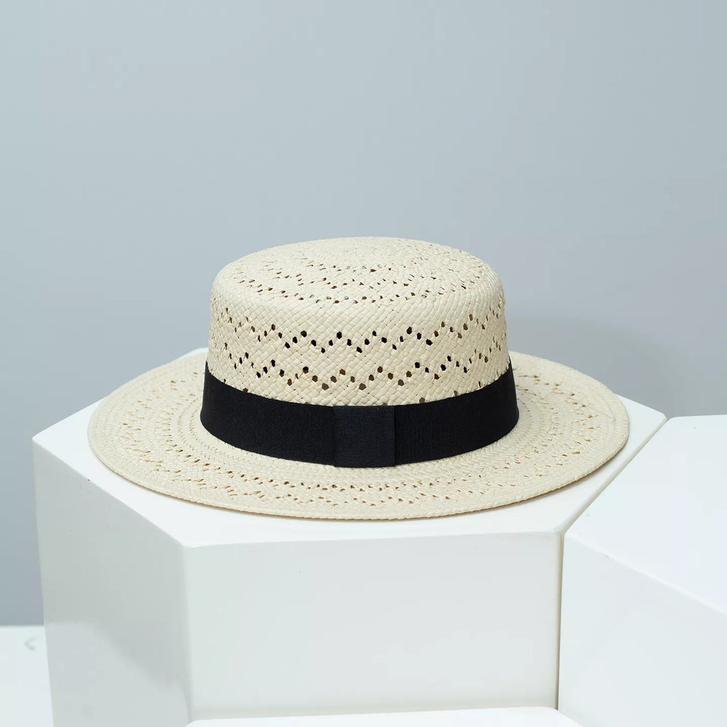 Woven Straw Boater Hat with Ribbon