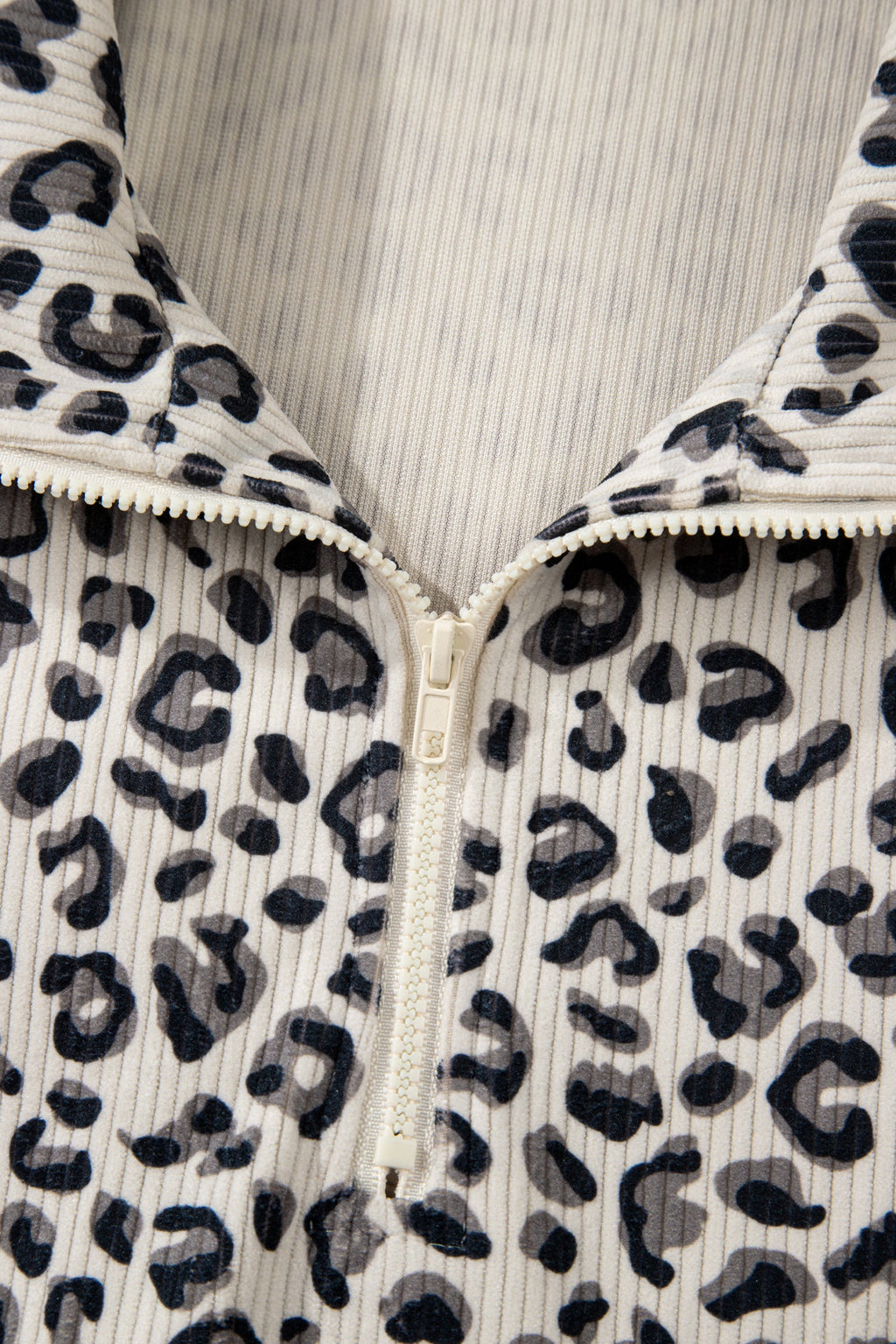 Beige Leopard Print Quarter Zip Corduroy Sweatshirt