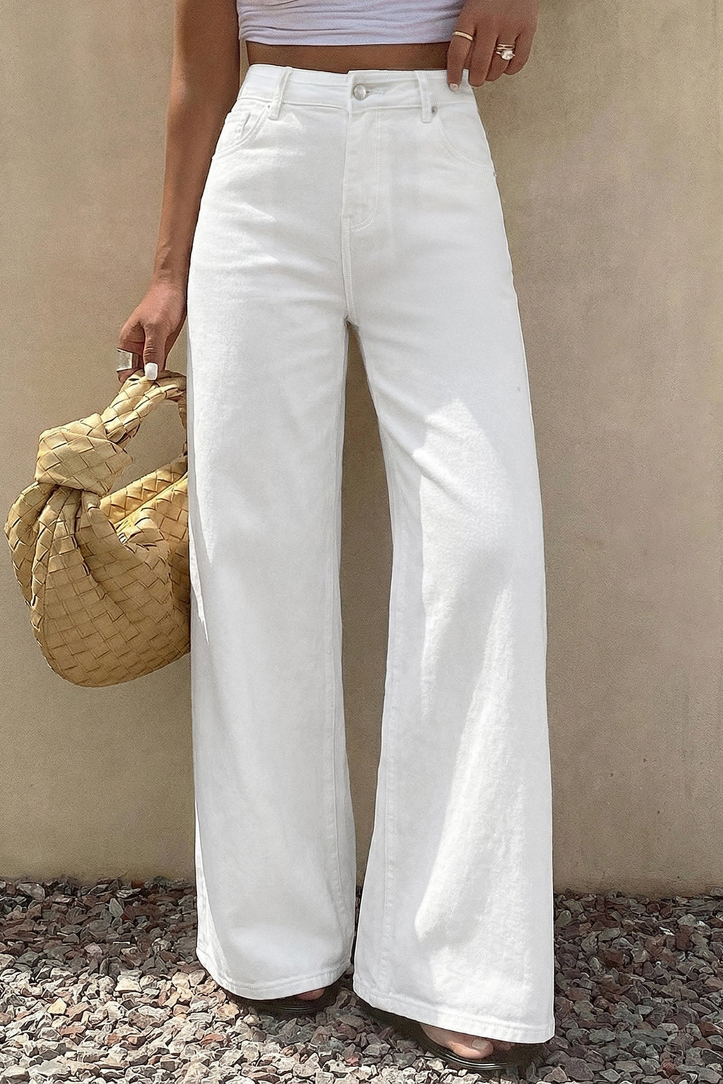 White Solid Color Loose Casual Jeans
