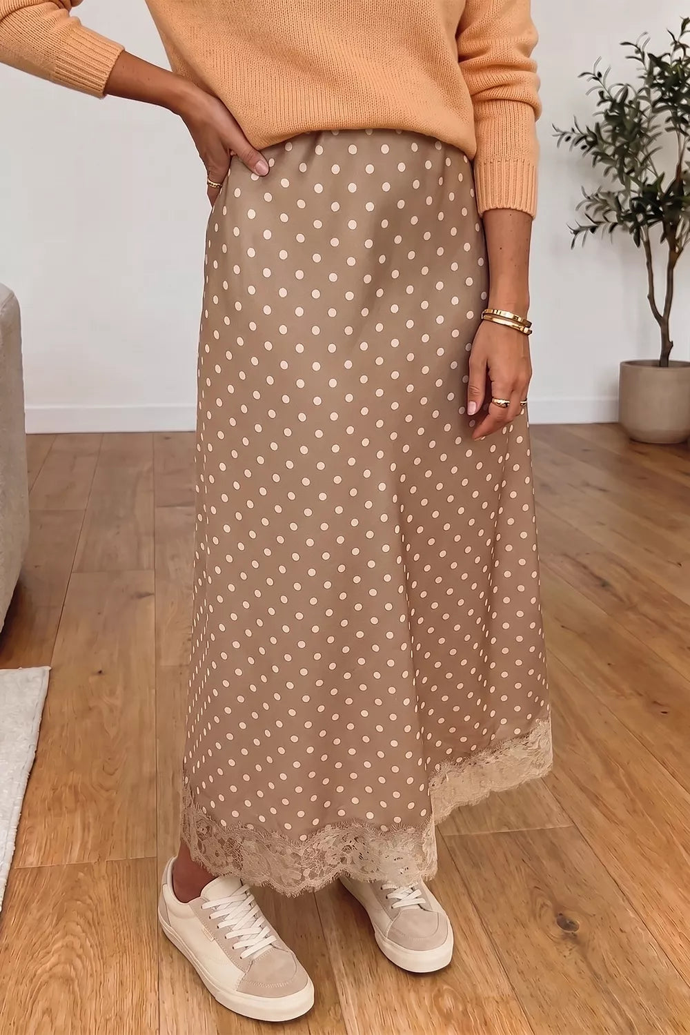 Polka Dot Lace Trim Midi Skirt