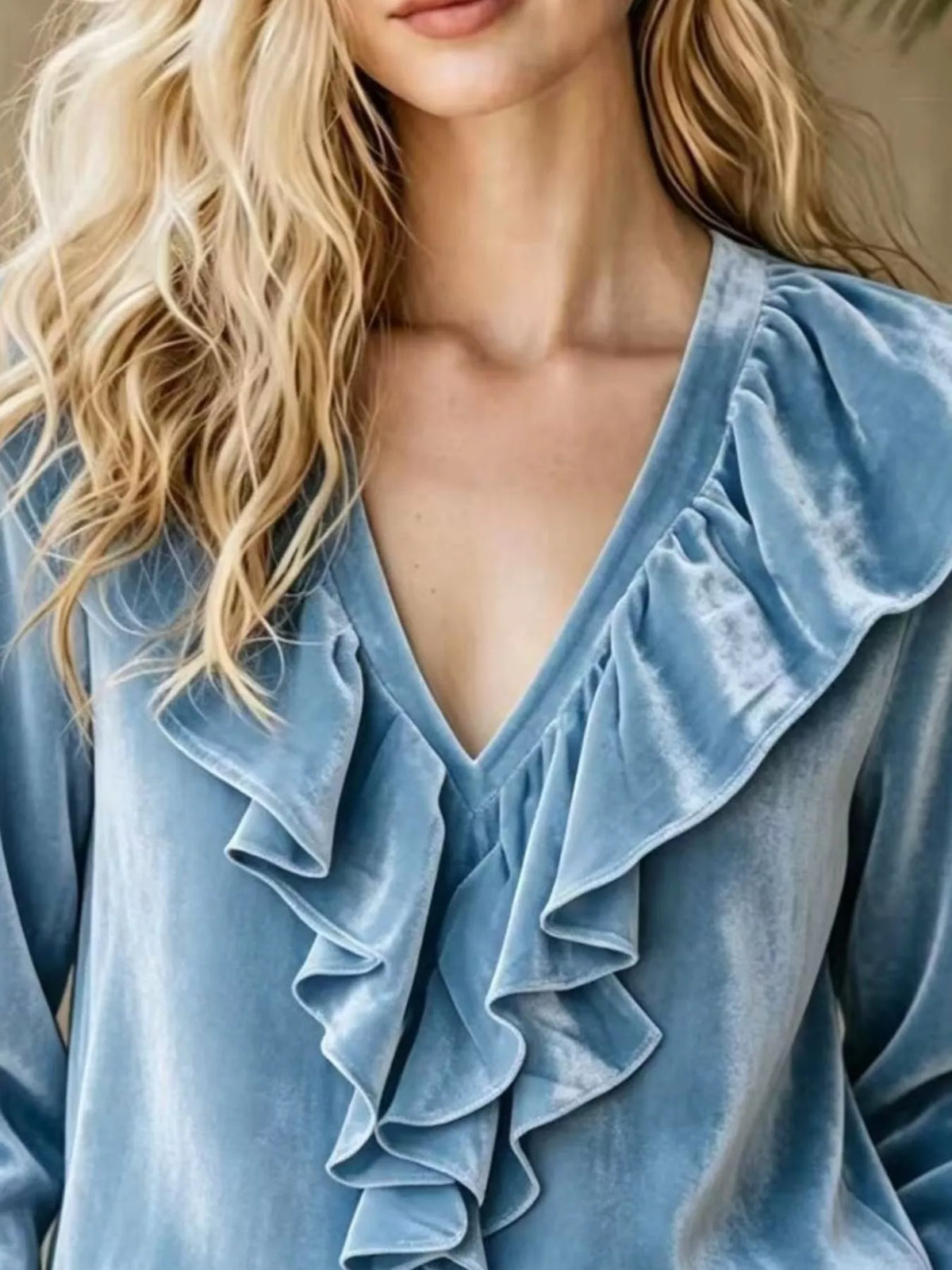 Full Size Velvet Ruffle V-Neck Blouse Plus Size