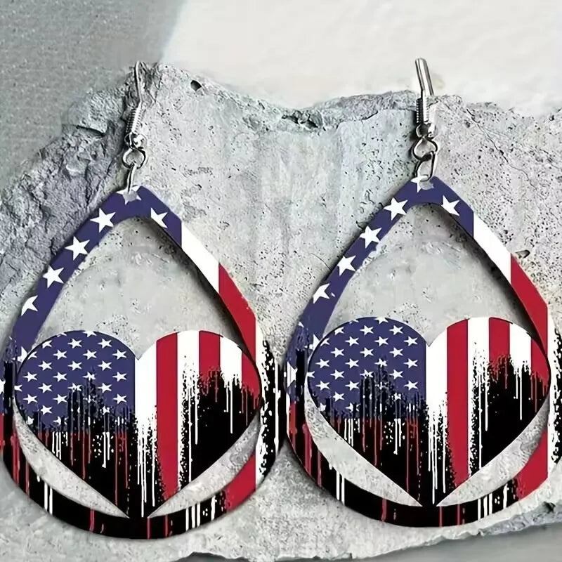US Flag Pattern Wooden Drop Earrings