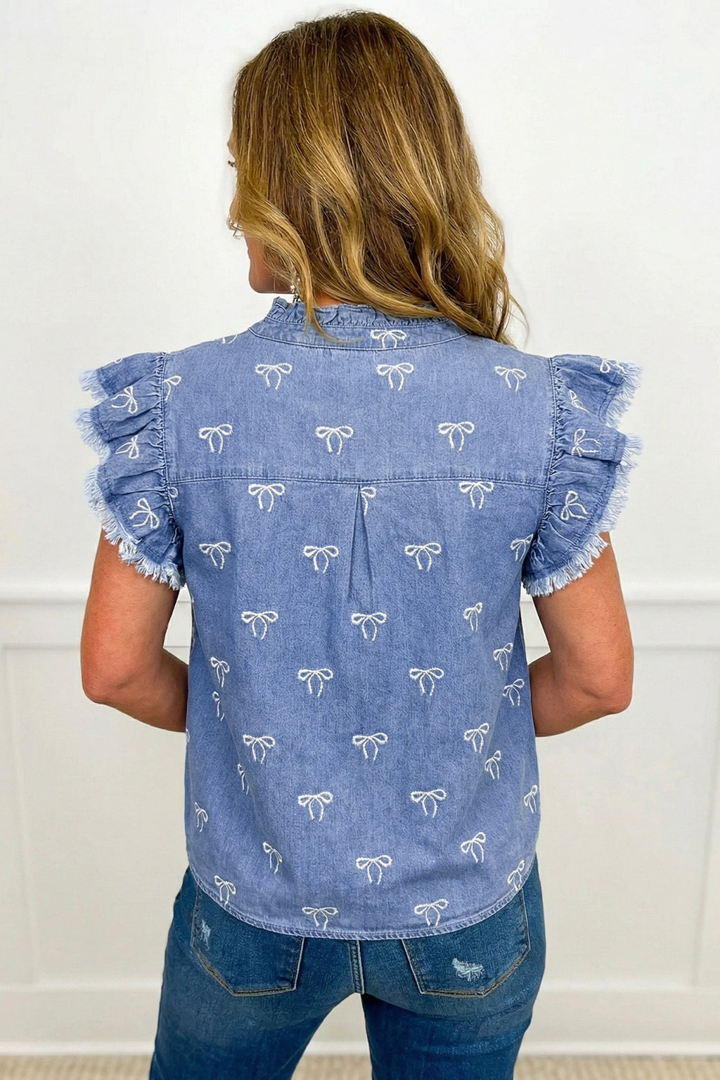 Blue Frilled Collar Flutter Sleeve Denim Top