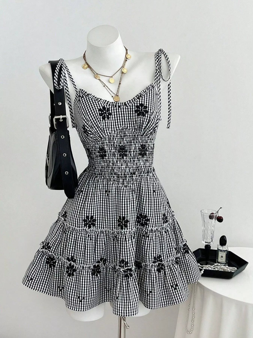 Gingham Floral Tiered Mini Dress
