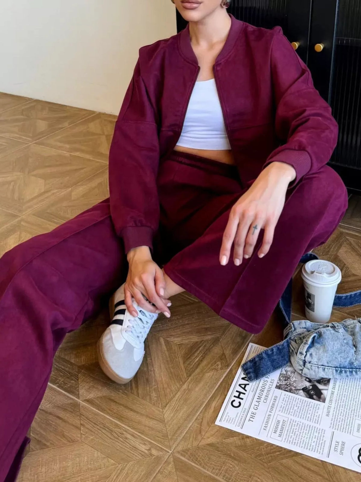 Zip Up Sweatshirt and Wide-Leg Pants Set