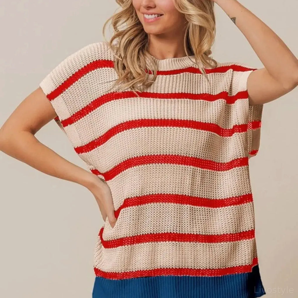 Striped Drop Shoulder Cotton Sweater for Fourth of July