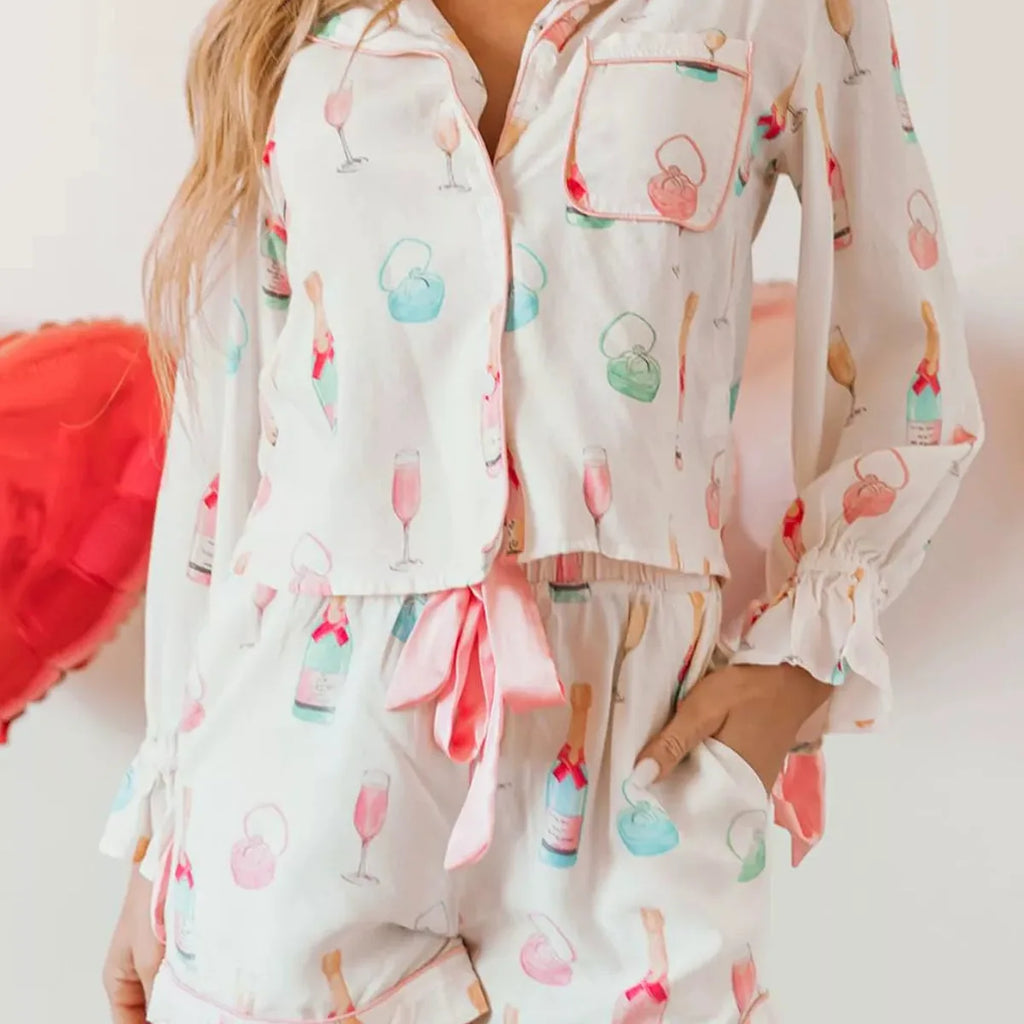 Bow Print Collared Long Sleeve Top and Drawstring Shorts Lounge Set