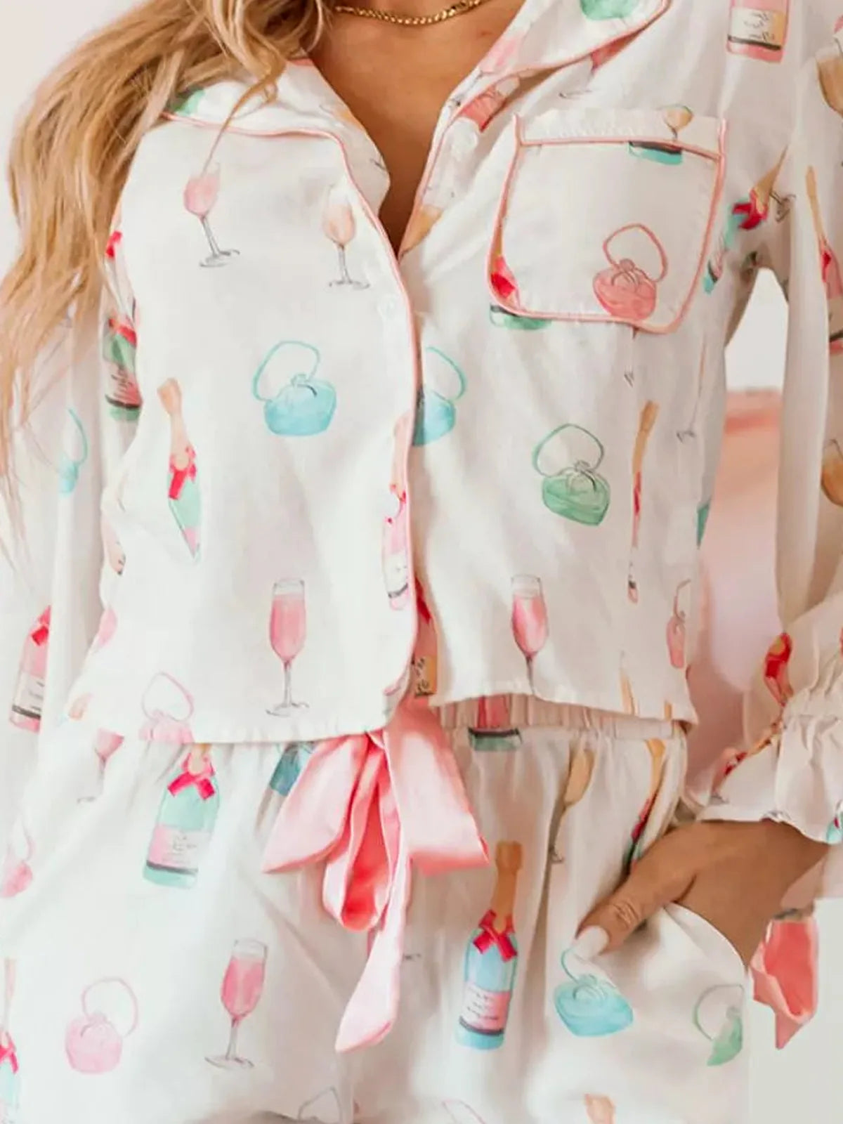 Bow Print Collared Long Sleeve Top and Drawstring Shorts Lounge Set