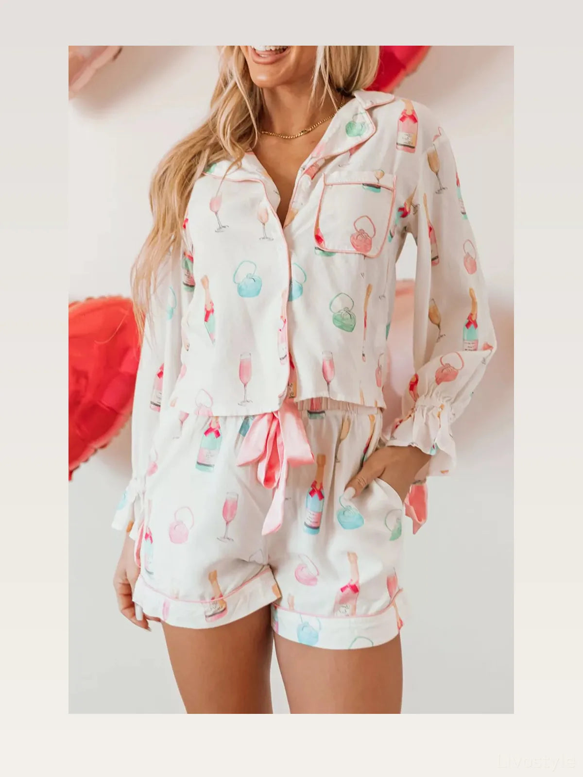 Bow Print Collared Long Sleeve Top and Drawstring Shorts Lounge Set