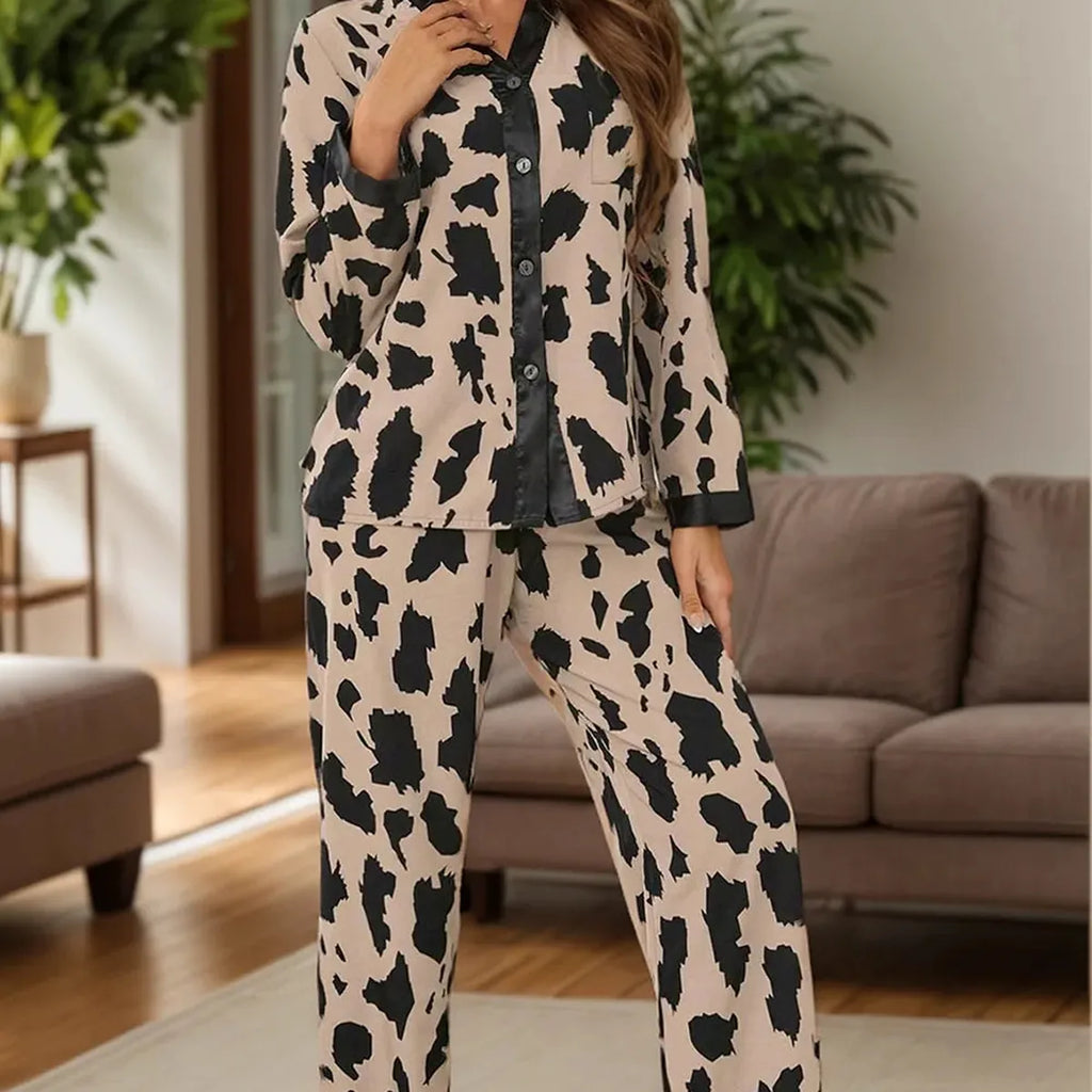 Leopard Print Button-Up Long Sleeve Top and Pants Lounge Set
