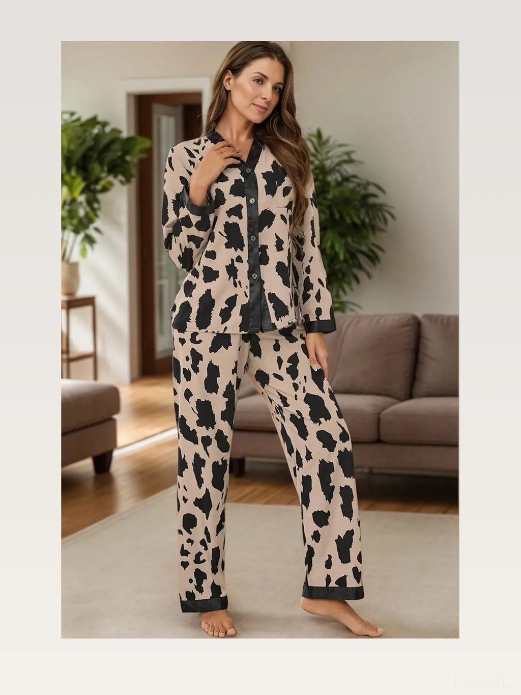 Leopard Print Button-Up Long Sleeve Top and Pants Lounge Set