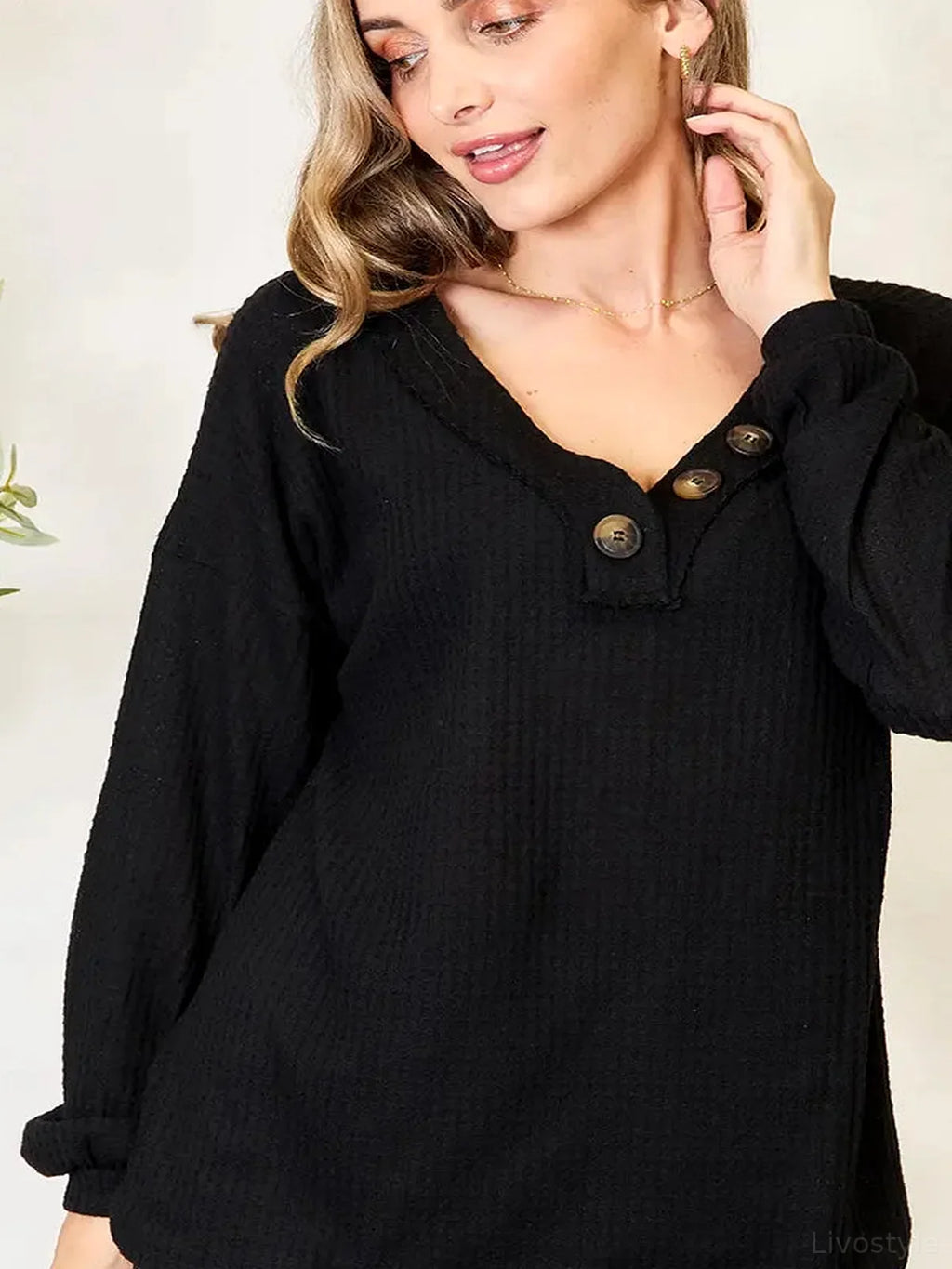Button Front Long Sleeve Blouse in Soft Stretch Woven