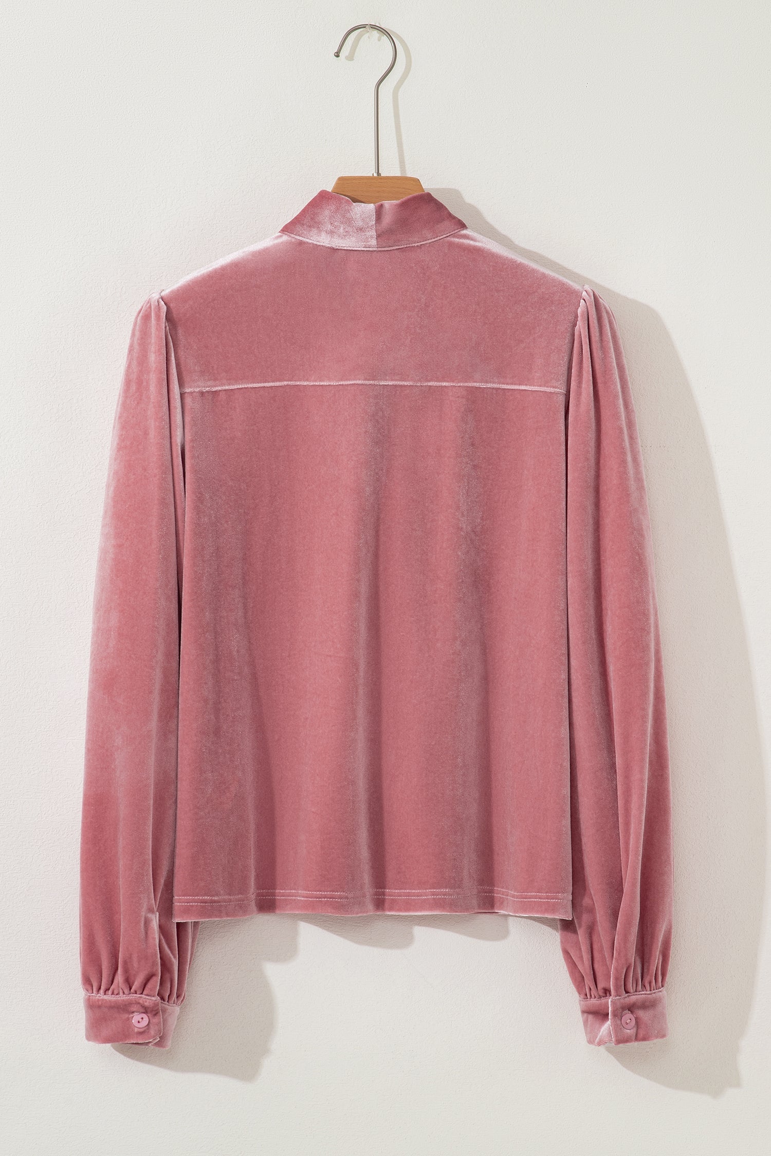 Fushia Solid Color Velvet Ribbon Bow Knot Long Sleeve Blouse