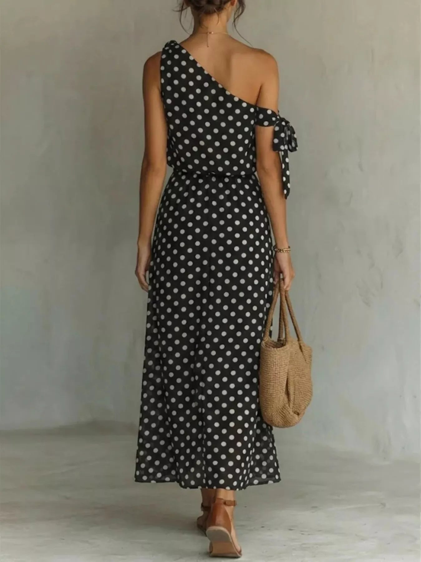Polka Dot One-Shoulder Maxi Dress
