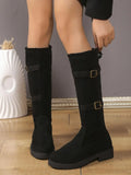 Suede Knee-High Combat Boots with Double Buckle Straps