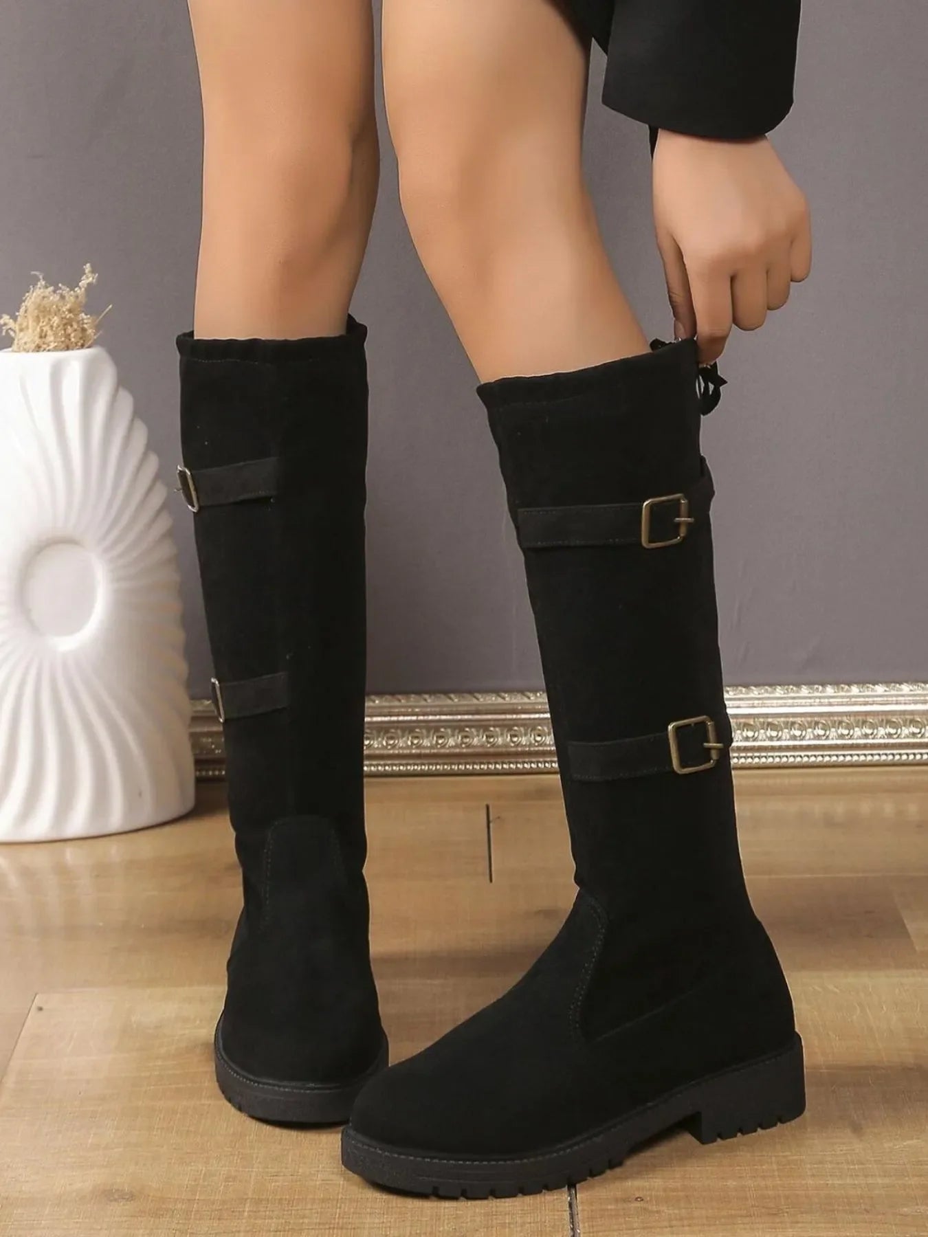 Suede Knee-High Combat Boots with Double Buckle Straps